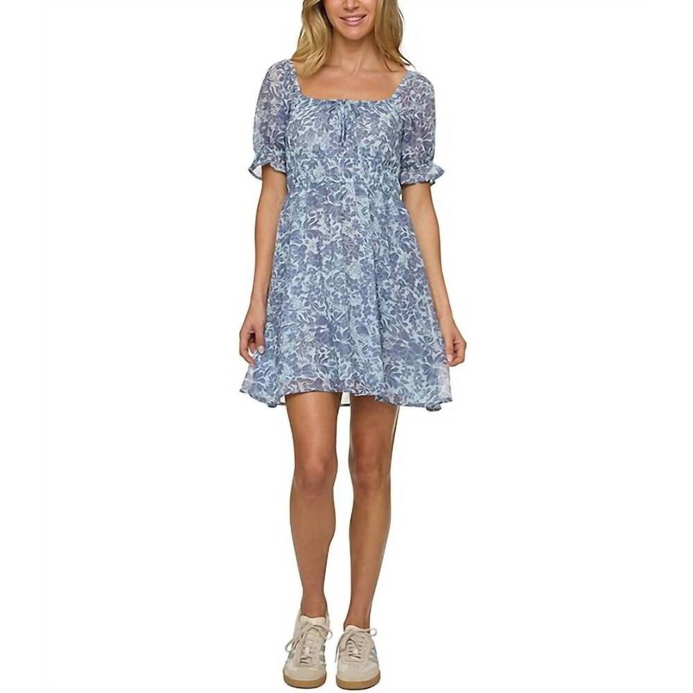 NEW FLAGS & ANTHEM aubrey short sleeve tie front mini dress in blue